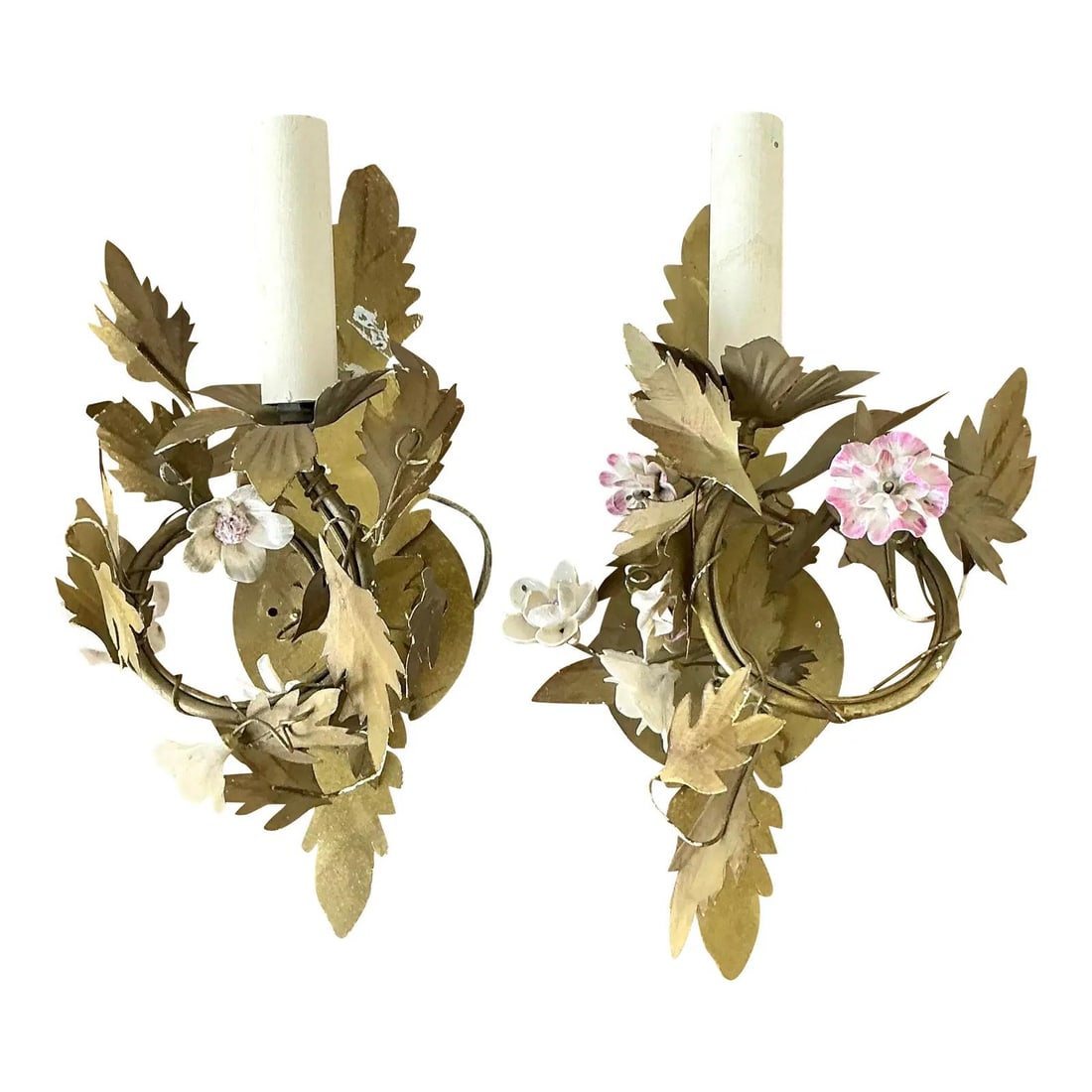 Pair of French Regency Style Ceramic Floral Wall Sconces with Metallic Leaf Detail (1 of 9)