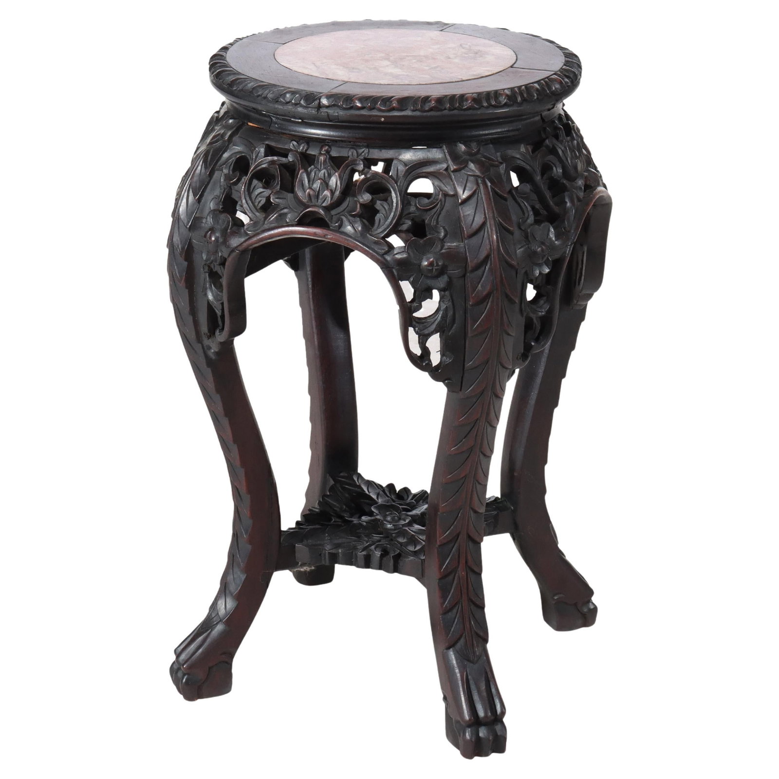 Antique Chinese Floral Carved Hardwood Stand with Rouge Marble Top c1920 (1 of 6)