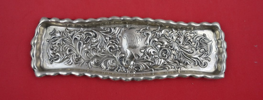 Whiting Heraldic Sterling Silver Pen Tray 7.75 x 2.25 Monogrammed: Whiting Heraldic Sterling Silver Pen Tray 7.75 x 2.25 Monogrammed Enhance your workspace with this elegant pen tray from the Heraldic pattern by Whiting. Crafted from high-quality sterling silver, thi