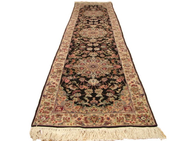 Luxurious Hand-knotted 2'7 x 10'3 Black Tabriz Runner Rug: Luxurious Hand-knotted 2'7 x 10'3 Black Tabriz Runner Rug Free continental US Shipping Introducing the luxurious Black Hand-knotted High-End Tabriz Runner, a perfect blend of opulence and sophisticati