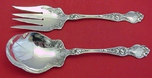 Wallace Violet Sterling Silver Salad Serving Set 2pc: Wallace Violet Sterling Silver Salad Serving Set 2pc This exquisite 2-piece salad serving set features the elegant Violet pattern by Wallace, crafted from high-quality sterling silver. Each piece is d