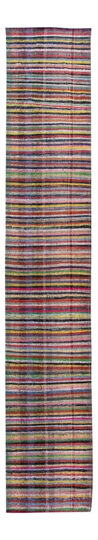 Mid-Century Vintage Wool Runner 3'1 x 17'9 Multi-Color Stripe: Mid-Century Vintage Wool Runner 3'1 x 17'9 Multi-Color Stripe Discover this exquisite mid-20th century flat-weave wool runner featuring a vibrant all-over multi-color motif. The rug showcases intricat