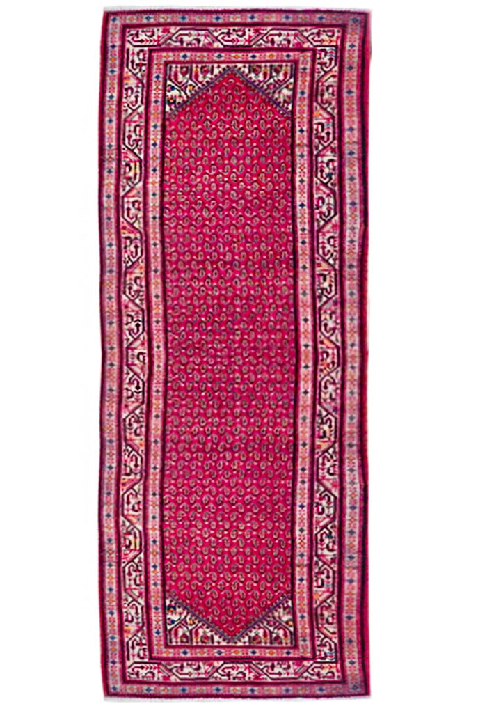 3.7 x 13.10 Red Semi Antique Persian Mir Runner Handmade in Iran: 3.7 x 13.10 Red Semi Antique Persian Mir Runner Handmade in Iran Free continental US Shipping Enhance your living space with this stunning Red Semi Antique Persian Mir Runner, measuring 3' 7" x 13' 10