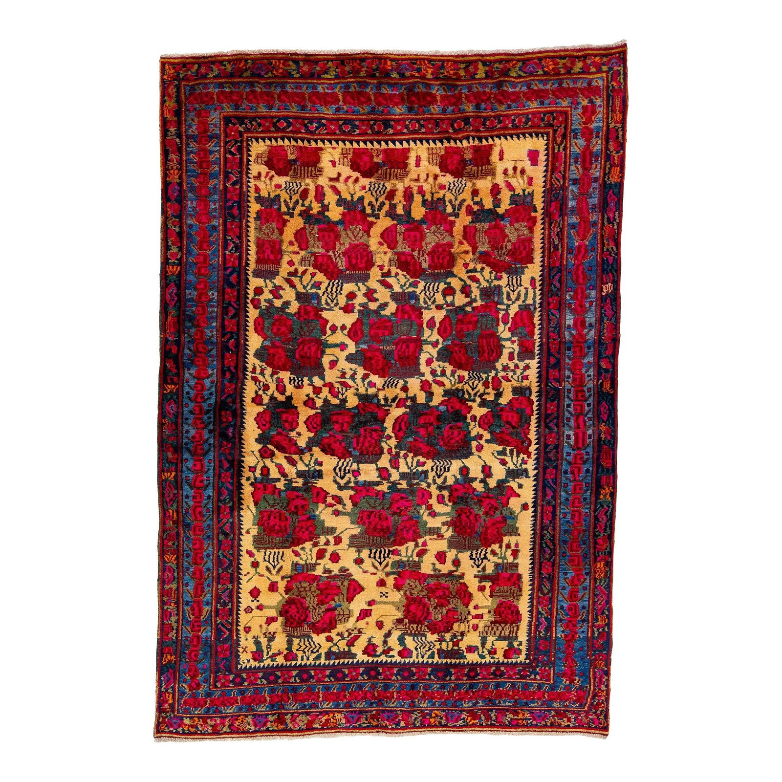 1960s Handmade Persian Bidjar Wool Rug Tan Red Floral 5'2 x 7'6: 1960s Handmade Persian Bidjar Wool Rug Tan Red Floral 5'2 x 7'6 This exquisite hand-knotted Persian wool rug showcases a stunning floral design with a tan field complemented by vibrant accents in red 