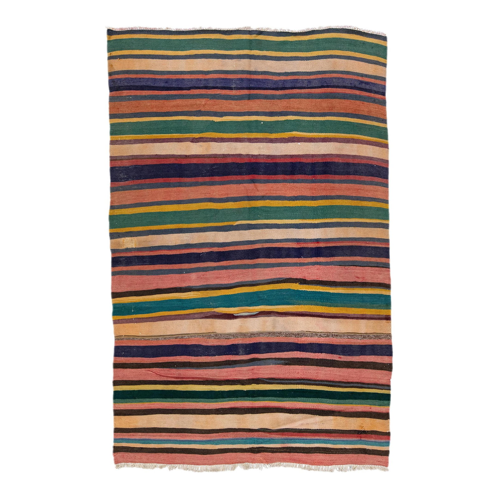 Vintage Turkish Kilim Handmade Wool Rug Multicolor Stripes 5'6 x 8'1: Vintage Turkish Kilim Handmade Wool Rug Multicolor Stripes 5'6 x 8'1 Explore the charm of this stunning vintage Turkish Kilim rug, handcrafted with care from high-quality wool. Featuring a rich navy b