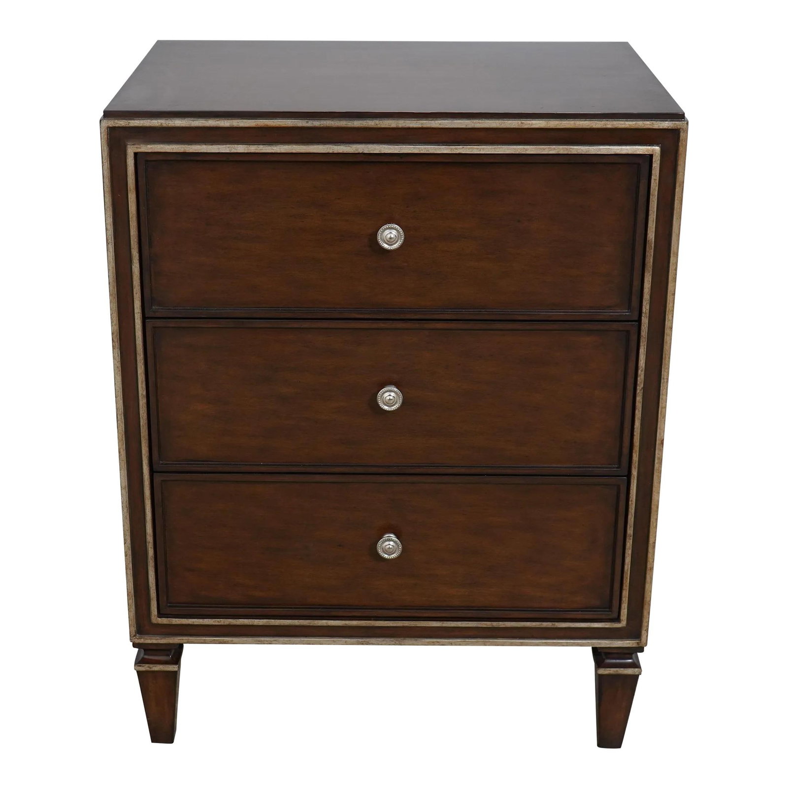 Marge Carson Modern Wood 3 Drawer Chest with Silver Gilt Accents: Marge Carson Modern Wood 3 Drawer Chest with Silver Gilt Accents This modern style chest by Marge Carson features three spacious drawers, designed with quality construction and adorned with elegant si