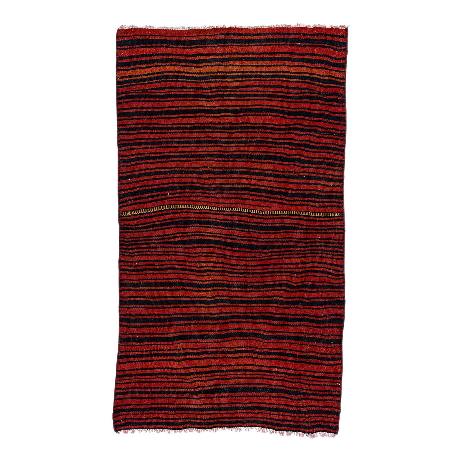 Vintage Turkish Kilim Wool Rug Red Stripes 3'8 x 6'7: Vintage Turkish Kilim Wool Rug Red Stripes 3'8 x 6'7 This stunning vintage Turkish Kilim rug features a vibrant red field adorned with multicolored geometric stripes, showcasing the exquisite craftsma