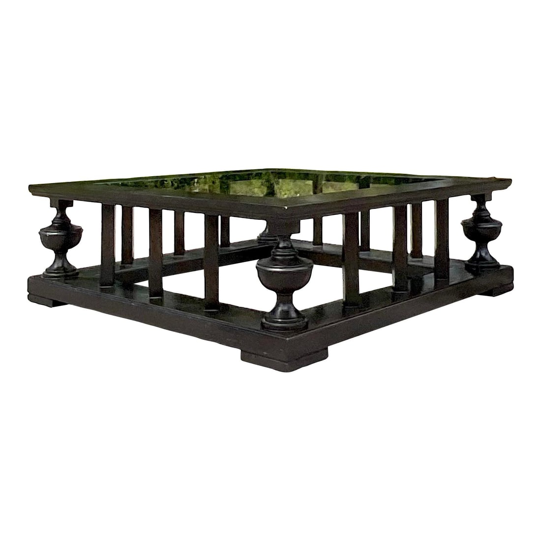 Vintage Regency Pediment Coffee Table After John Roselli Black Wood Glass: Vintage Regency Pediment Coffee Table After John Roselli Black Wood Glass Enhance your living space with this Vintage Regency Pediment Coffee Table, inspired by the designs of John Roselli. This exqui