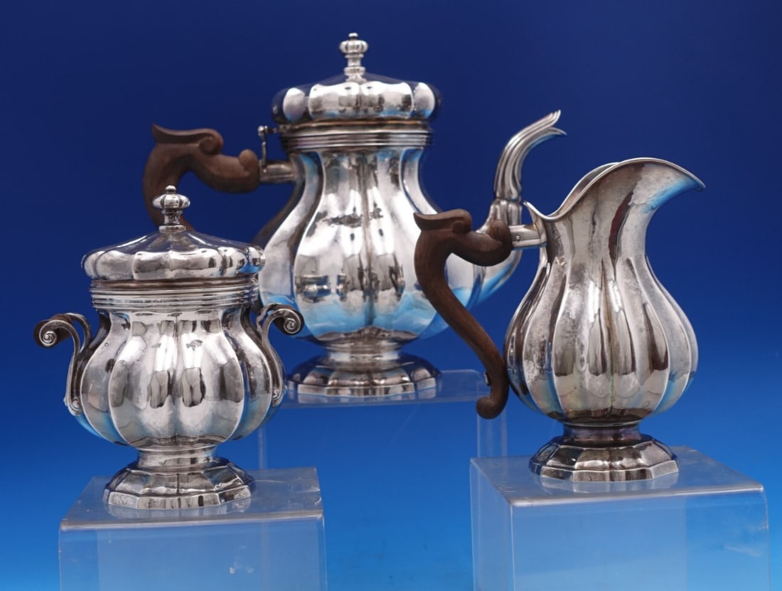 Three-Piece Torchon Sterling Silver Tea Service with Wood Handles (1 of 17)