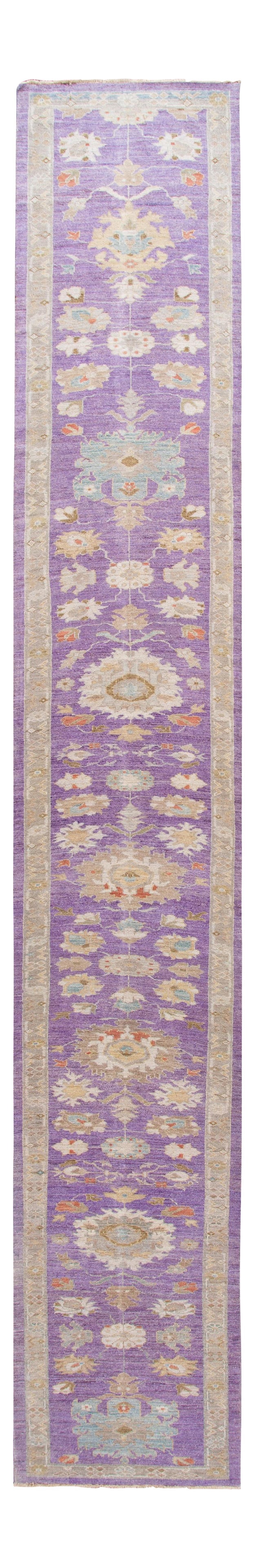 Contemporary Sultanabad Wool Runner Rug 3'5 x 21'7 Purple Accents: Contemporary Sultanabad Wool Runner Rug 3'5 x 21'7 Purple Accents Enhance your space with this stunning contemporary Sultanabad runner rug, meticulously hand-knotted from high-quality wool. Featuring 