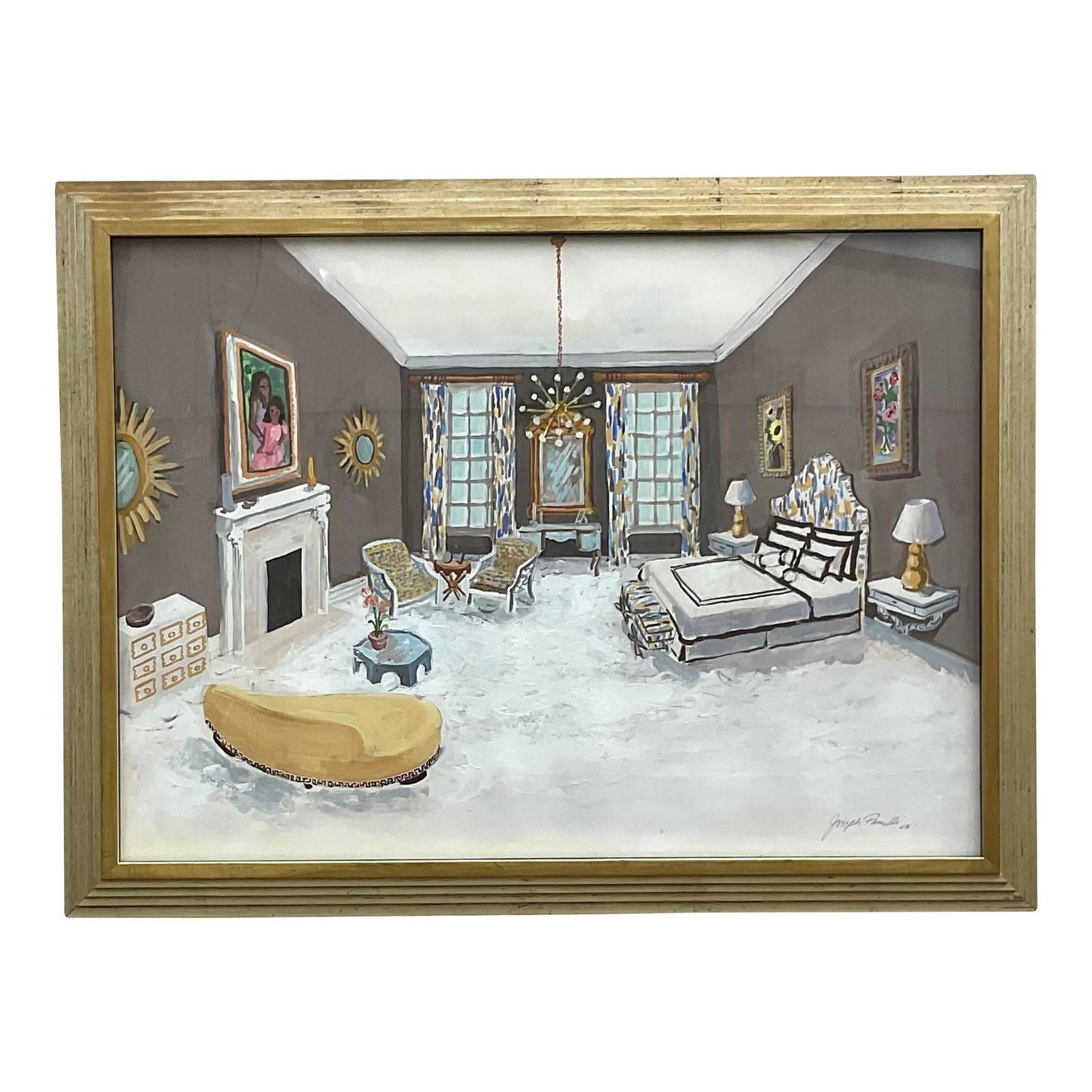 Vintage Signed Oil Painting Glamorous Bedroom Scene Gilt Frame: Vintage Signed Oil Painting Glamorous Bedroom Scene Gilt Frame Discover a stunning vintage oil painting on paper, featuring a chic interiors composition in vibrant colors. This elegant artwork capture