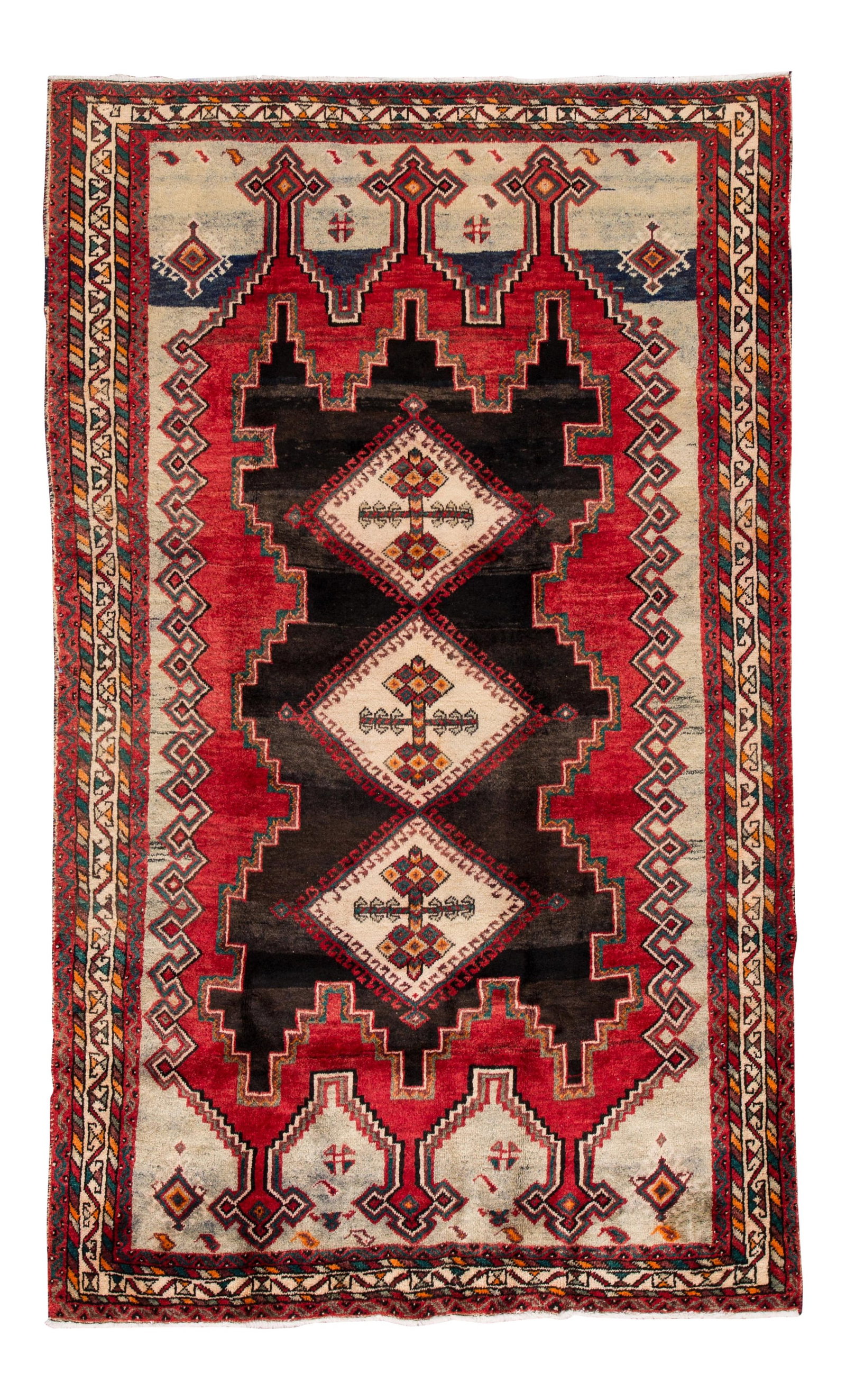Stunning Vintage Persian Handmade Wool Rug Ruby Red Geometric Design 4'11 x 8'2: Stunning Vintage Persian Handmade Wool Rug Ruby Red Geometric Design 4'11 x 8'2 Discover a stunning Vintage Persian Handmade Wool Rug, featuring a vibrant ruby red field adorned with multi-color accen
