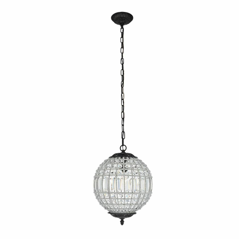 Modern 1-Light Crystal Globe Pendant Olivia Dark Bronze: Modern 1-Light Crystal Globe Pendant Olivia Dark Bronze Modern pendant chandelier light fixture with a dark bronze finish and clear royal cut crystal/glass details. It is height-adjustable, hardwired,