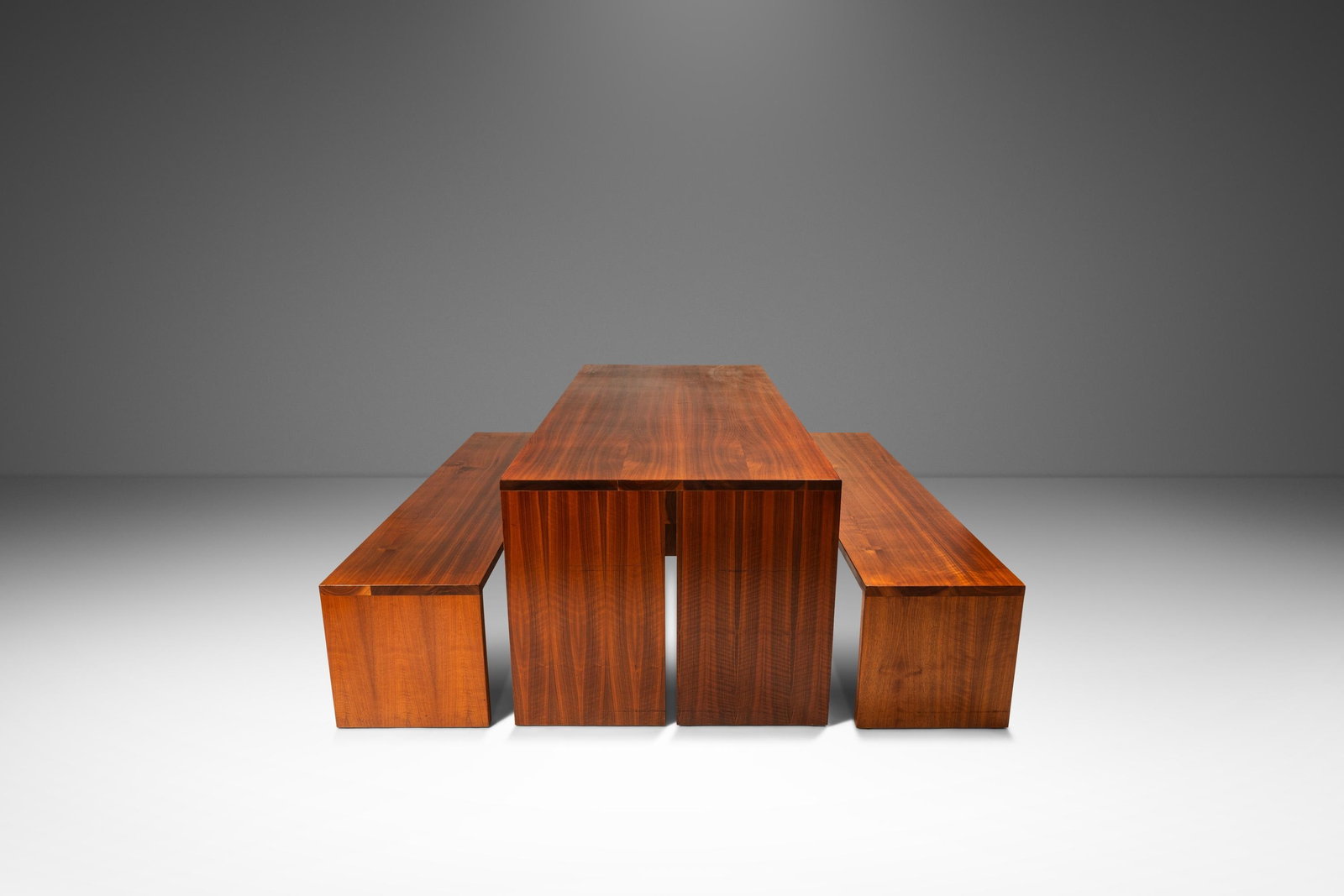 Walnut Mid Century Dining Table Bench Set Studio Made: Walnut Mid Century Dining Table Bench Set Studio Made This substantial handmade minimalist dining set, crafted in the United States during the 1980s, features a custom-made studio or gallery dining ta