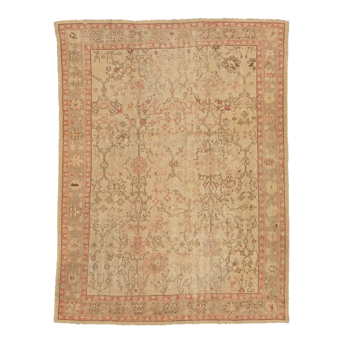 Vintage Tan Oushak Wool Rug 10 x 13 Floral Design: Vintage Tan Oushak Wool Rug 10 x 13 Floral Design Discover the beauty of this vintage Turkish Oushak rug, meticulously hand-knotted from high-quality wool. It features a neutral tan field that is beau