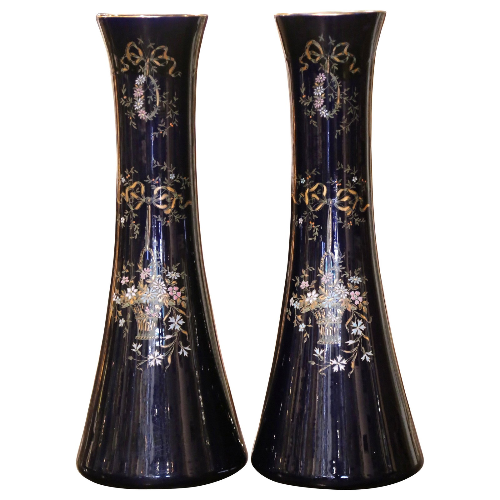 Set of 2 19th Century French Neoclassical Gilt Porcelain Trumpet Vases: Set of 2 19th Century French Neoclassical Gilt Porcelain Trumpet Vases This exquisite pair of 19th-century French Neoclassical trumpet vases will add a touch of elegance to any setting. Crafted circa 