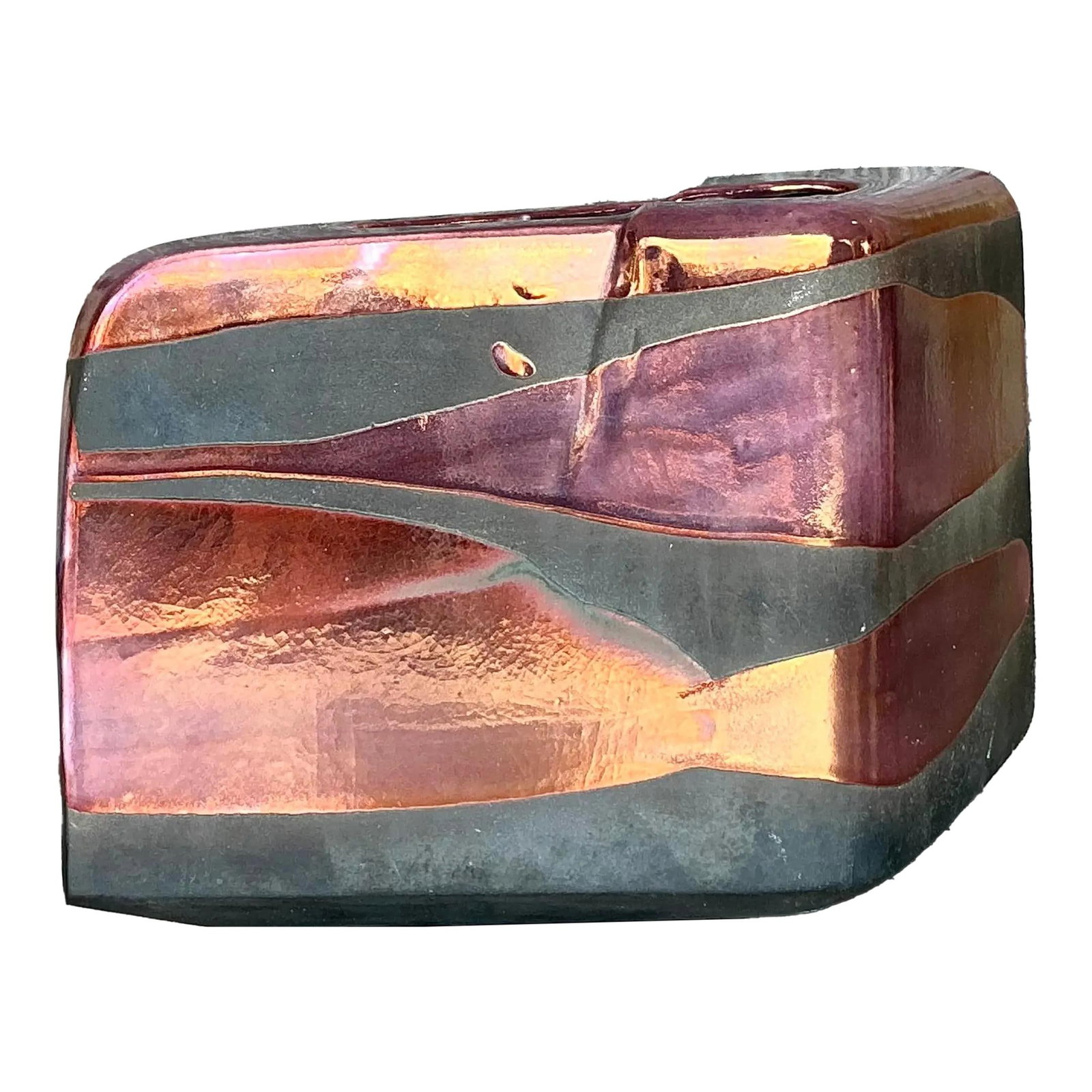 Tony Evans Vintage Boho Pottery Vase Iridescent Abstract Design: Tony Evans Vintage Boho Pottery Vase Iridescent Abstract Design Discover the beauty of this Vintage Boho Tony Evans Vase, a sculptural masterpiece that showcases an elegant triangular form adorned wit