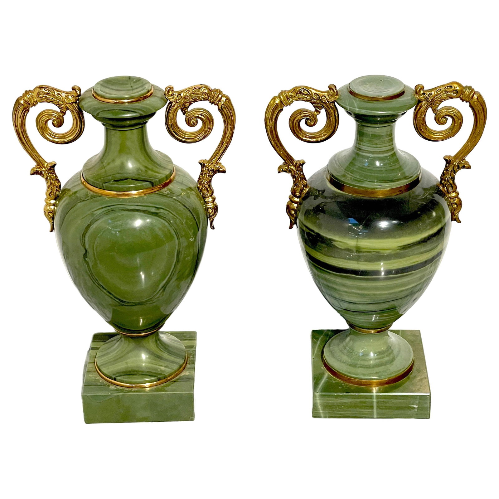 19th Century Russian Neoclassical Ormolu Mounted Green Quartz Vases Set of 2: 19th Century Russian Neoclassical Ormolu Mounted Green Quartz Vases Set of 2 This exquisite pair of 19th-century Russian neoclassical vases showcases the natural beauty of green quartz, commonly known