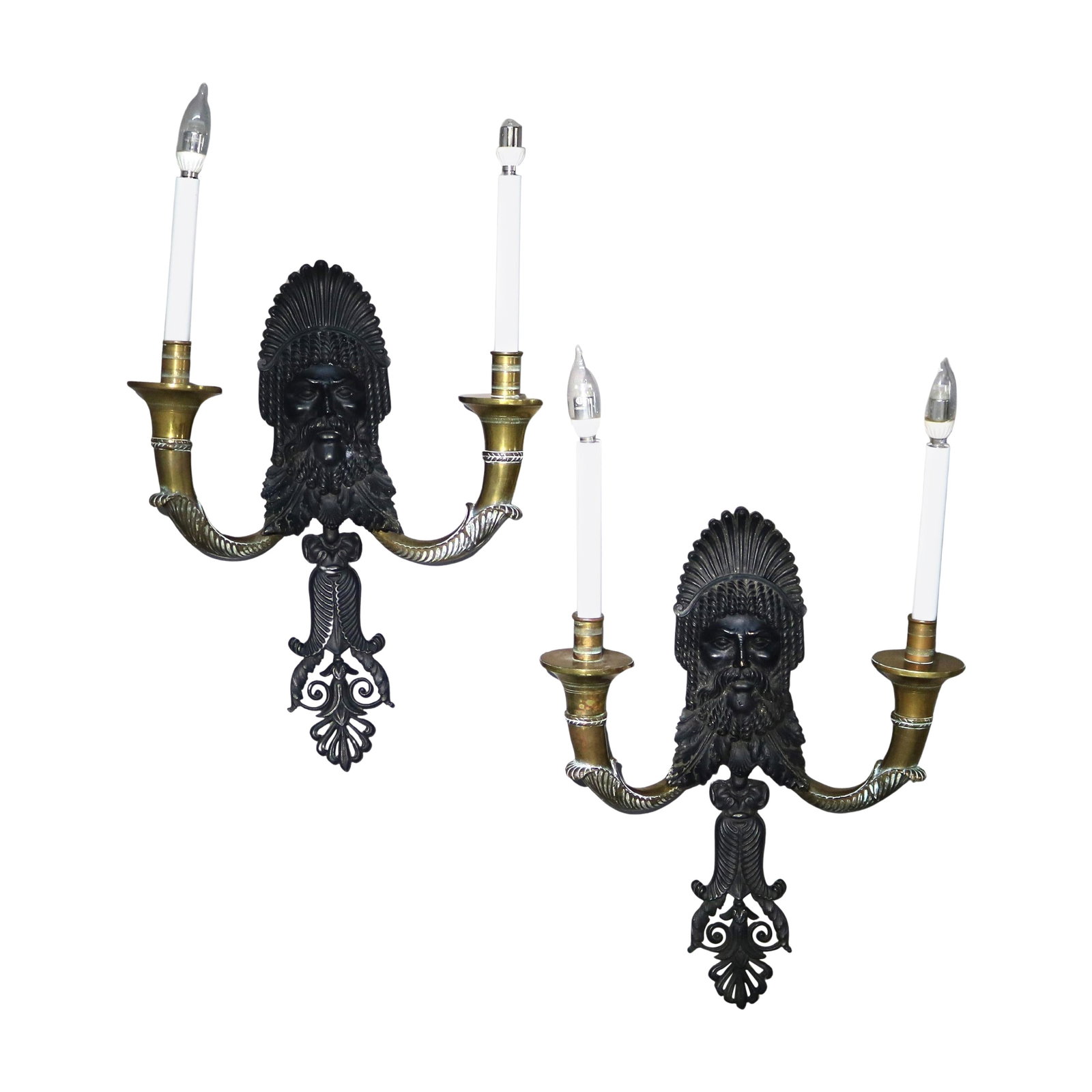 Pair of Ebonized Bronze and Brass Indian Chief Wall Sconces Circa 1920 (1 of 7)