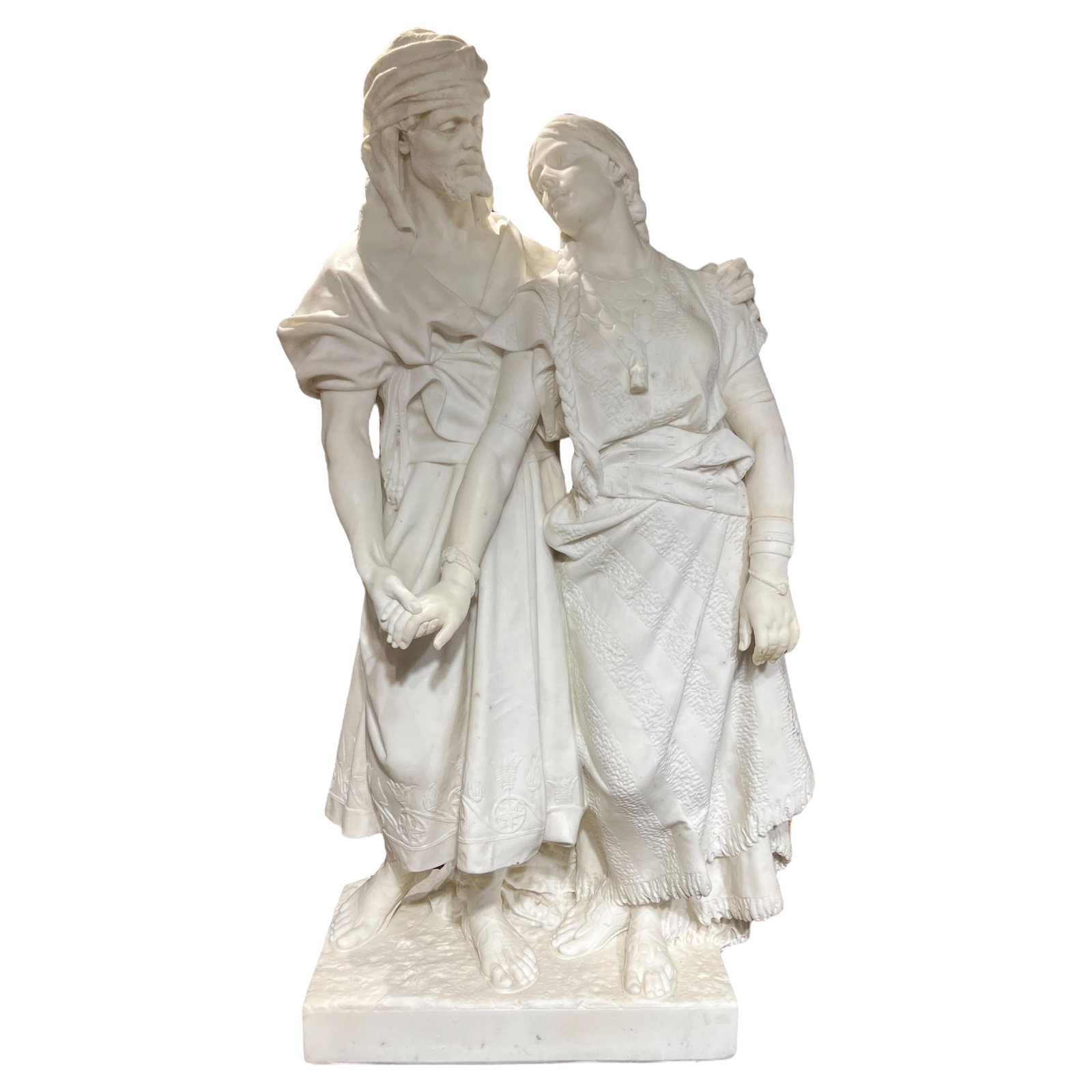 Italian Orientalist Marble Sculpture of Moorish Lovers Signed P. Carados: Italian Orientalist Marble Sculpture of Moorish Lovers Signed P. Carados An important late 19th century Italian Orientalist white marble statue of two Moorish lovers, possibly depicting Othello and De