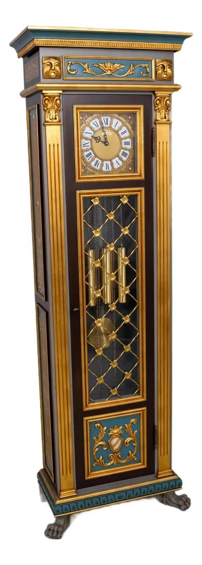 Classical Italian Grandfather Clock with Polychrome Finish and Carved Paw Feet: Classical Italian Grandfather Clock with Polychrome Finish and Carved Paw Feet This exquisite Italian Polychrome Paint Decorated Grandfather Clock showcases a stunning classical design, featuring intr