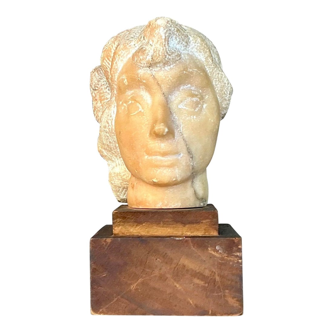 Vintage Boho Carved Stone Woman Bust Sculpture on Wooden Base (1 of 8)