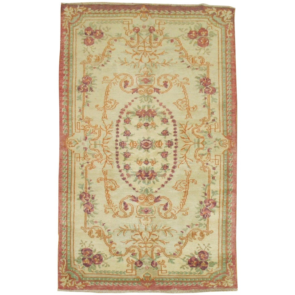 Hand Knotted Wool Turkish Ghiordes Rug 45 x 74 in: Hand Knotted Wool Turkish Ghiordes Rug 45 x 74 in This early 20th-century Turkish Ghiordes rug features a hand-knotted wool construction in a classical Greek style. The rug showcases an ivory field ac