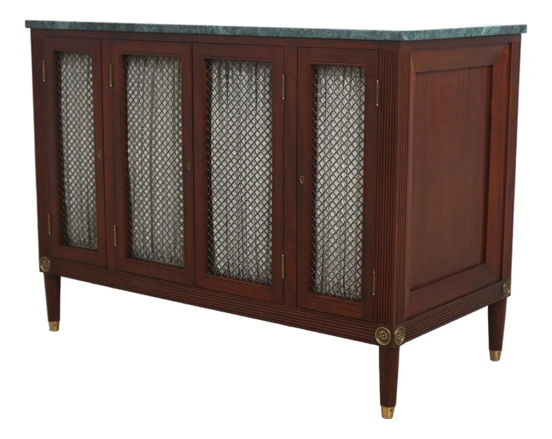 Regency Style Mahogany Credenza With Green Marble Top and Brass Accents: Regency Style Mahogany Credenza With Green Marble Top and Brass Accents This Regency style credenza features a solid mahogany construction with a striking green marble top. It includes adjustable shel