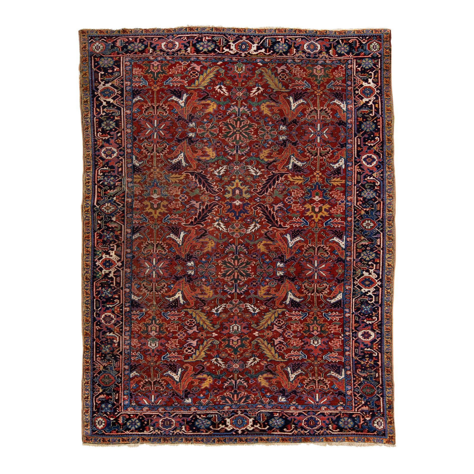 1920s Antique Heriz Red Hand-Knotted Wool Rug 7'3 x 9'8 Floral Design: 1920s Antique Heriz Red Hand-Knotted Wool Rug 7'3 x 9'8 Floral Design Discover the exquisite beauty of this antique Heriz hand-knotted wool rug, featuring a striking red field complemented by a navy b