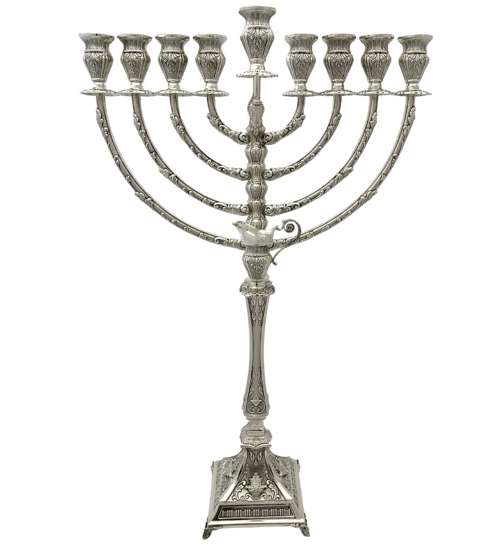 Handmade 925 Sterling Silver Menorah with Chased Leaf Applique Matte Shiny Finish: Handmade 925 Sterling Silver Menorah with Chased Leaf Applique Matte Shiny Finish This fine large Hanukkah menorah is crafted from 925 sterling silver and features handmade chased leaf applique design