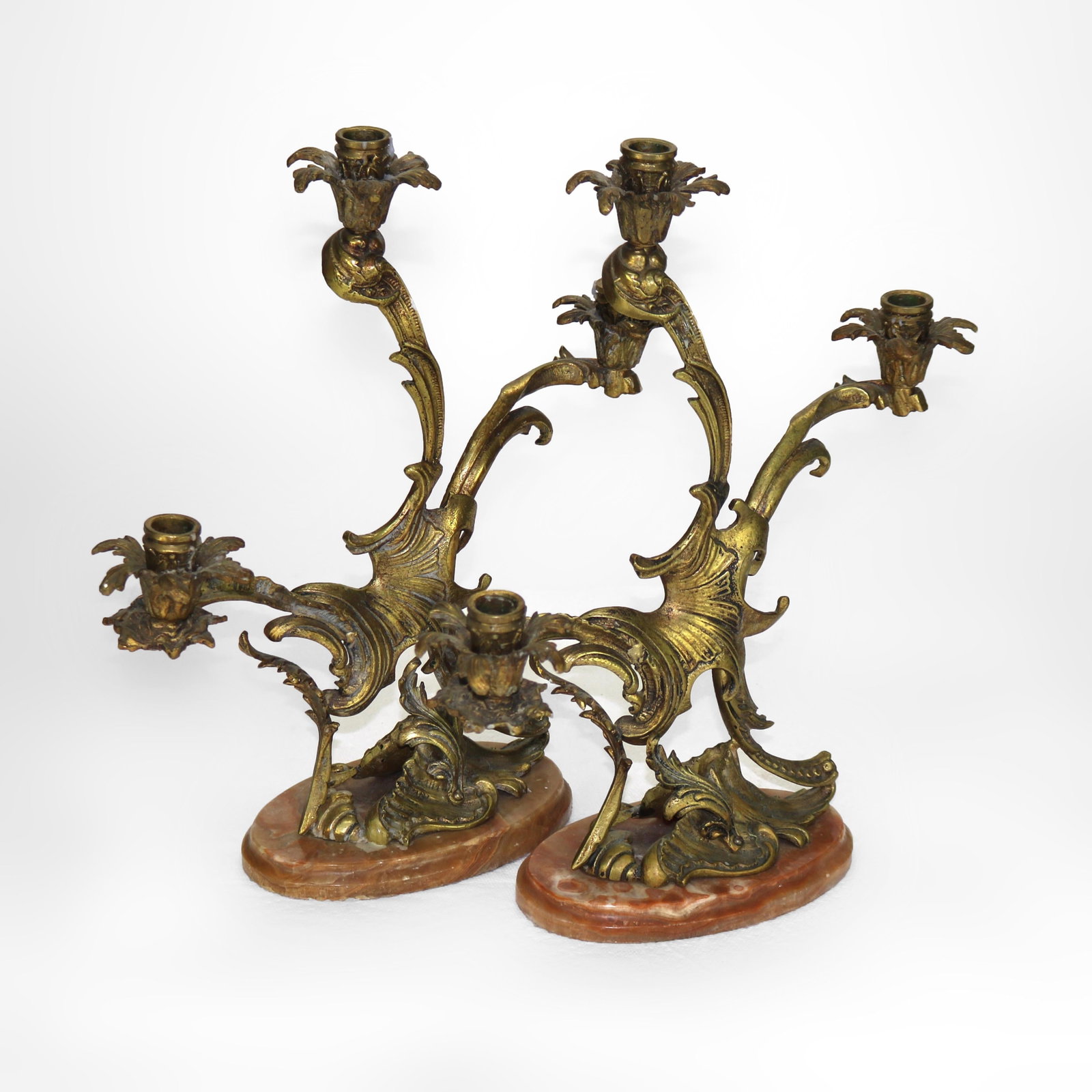Antique French Rococo Bronze Candelabras Set of 2 with Marble Bases C1890: Antique French Rococo Bronze Candelabras Set of 2 with Marble Bases C1890 This exquisite pair of antique French Rococo bronze candelabras, dating from circa 1890, epitomizes the elegance and opulence 