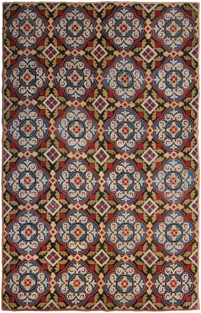 Antique English Geometric Needlepoint Wool Area Rug 7 x 10 ft: Antique English Geometric Needlepoint Wool Area Rug 7 x 10 ft This antique English needlepoint area rug, dating to circa 1890, features a geometric allover pattern in a bold colorway. Handwoven from 1
