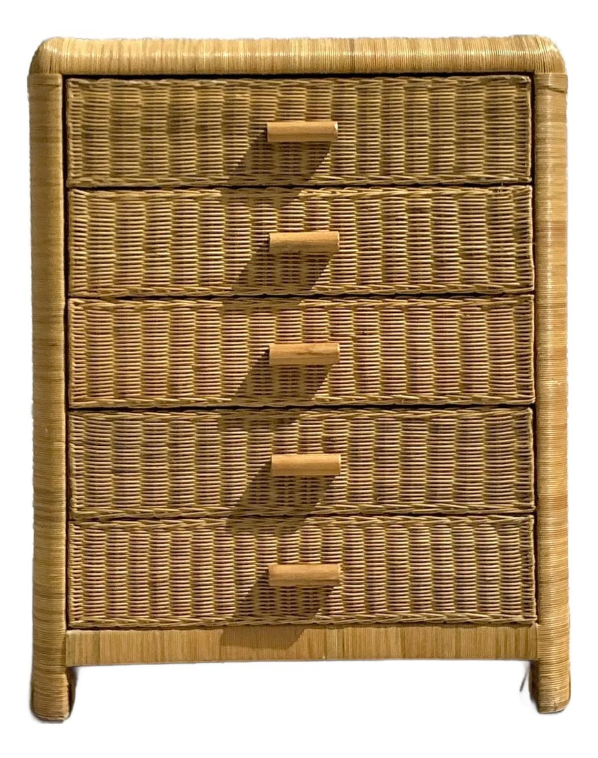 Vintage Coastal Rattan Chest of Drawers 38W x 18D x 48H: Vintage Coastal Rattan Chest of Drawers 38W x 18D x 48H Transform your living space with this Vintage Coastal Woven Rattan Chest of Drawers, a stunning blend of natural elegance and practical design. 