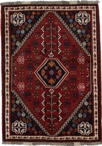 Red Hand-Knotted Wool Tribal Area Rug 3'6 x 5' Vintage Style Carpet: Red Hand-Knotted Wool Tribal Area Rug 3'6 x 5' Vintage Style Carpet This handmade vintage Oriental area rug features a striking red tribal design with floral patterns. Crafted from wool using a hand-k