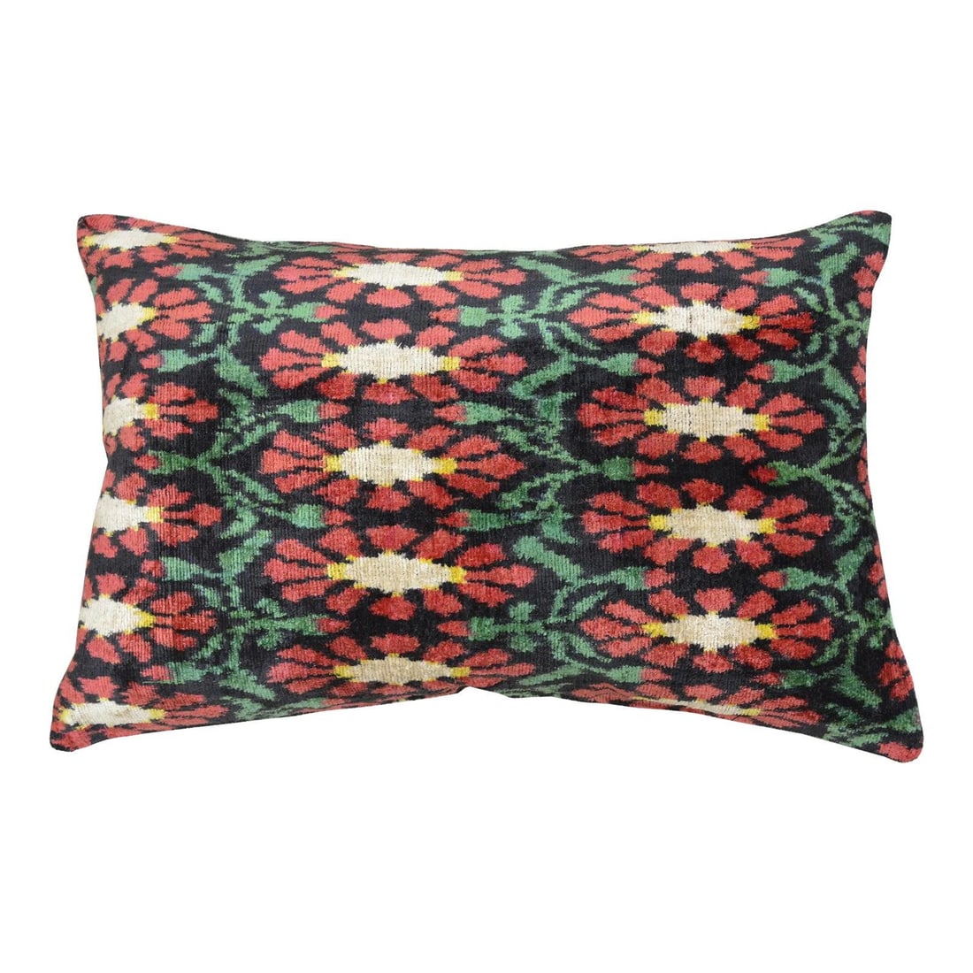 Red Silk Ikat Velvet Pillow With Linen Backing And Feather Insert: Red Silk Ikat Velvet Pillow With Linen Backing And Feather Insert This hand made Uzbek ikat velvet pillow cushion features a luxurious blend of silk and cotton, complemented by a natural linen backing