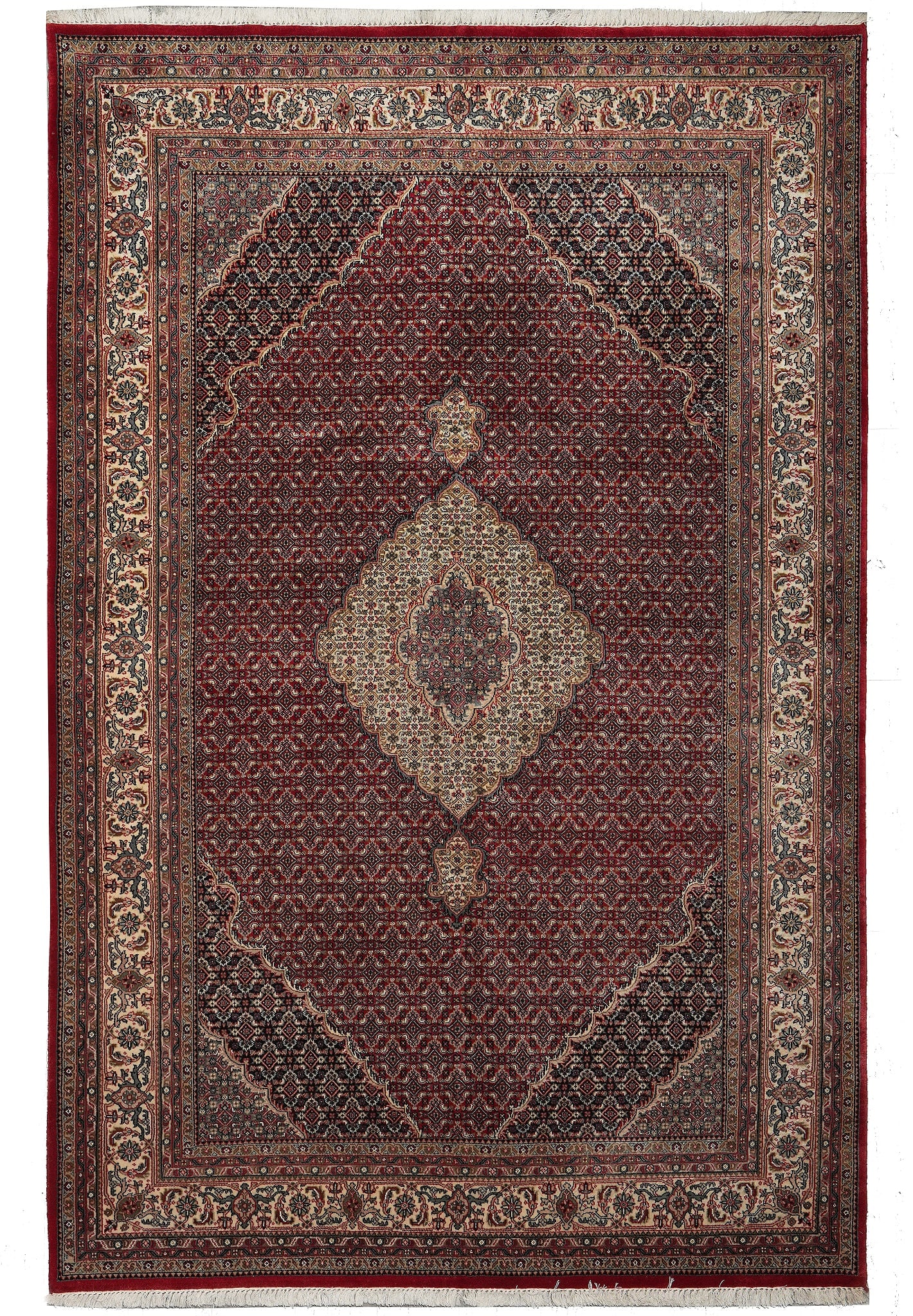 6.8 x 10 Hand-Knotted Wool and Silk Rug Dense Lustrous Pile: 6.8 x 10 Hand-Knotted Wool and Silk Rug Dense Lustrous Pile Free continental US Shipping Hand-knotted rug with a lustrous, dense pile made of wool and silk. The rug measures 6.8 x 10 and is listed in 