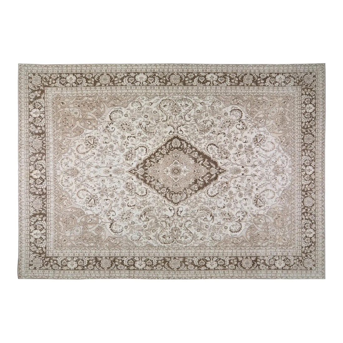 9'8 x 14' Hand Knotted Wool Area Rug in Tan: 9'8 x 14' Hand Knotted Wool Area Rug in Tan This vintage hand-knotted wool rug showcases traditional craftsmanship combined with a modern design sensibility. Made from high-quality wool, it offers dur