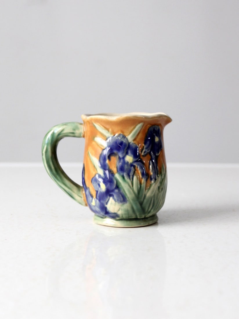 Ceramic Creamer With Raised Iris Motif And Blue Green Glaze (1 of 12)
