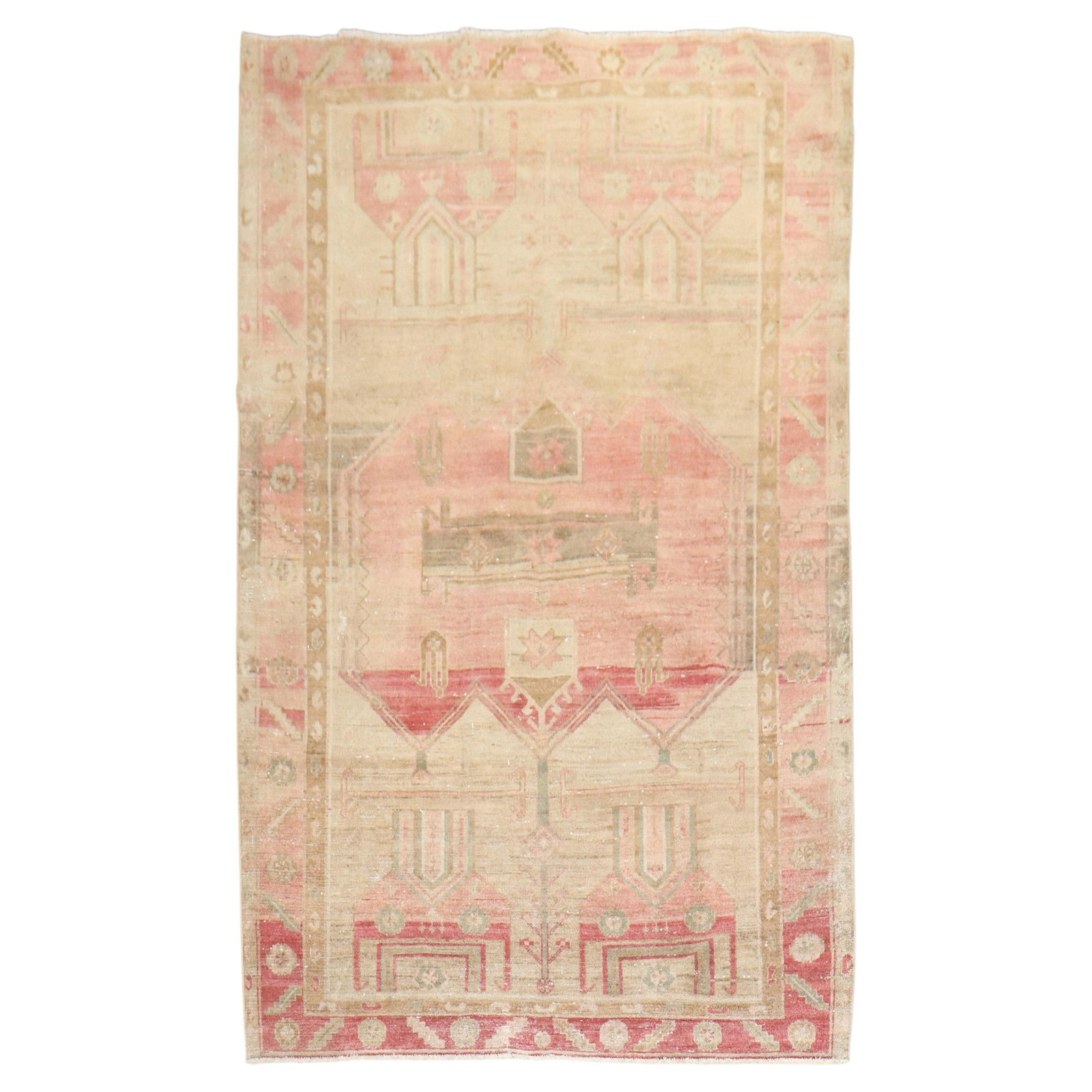 Blush Anatolian Turkish Wool Hand Knotted Rug 4'9 x 7'7: Blush Anatolian Turkish Wool Hand Knotted Rug 4'9 x 7'7 This mid-20th century Anatolian Turkish rug features a hand-knotted wool construction in a primarily blush color palette. The rug is designed in