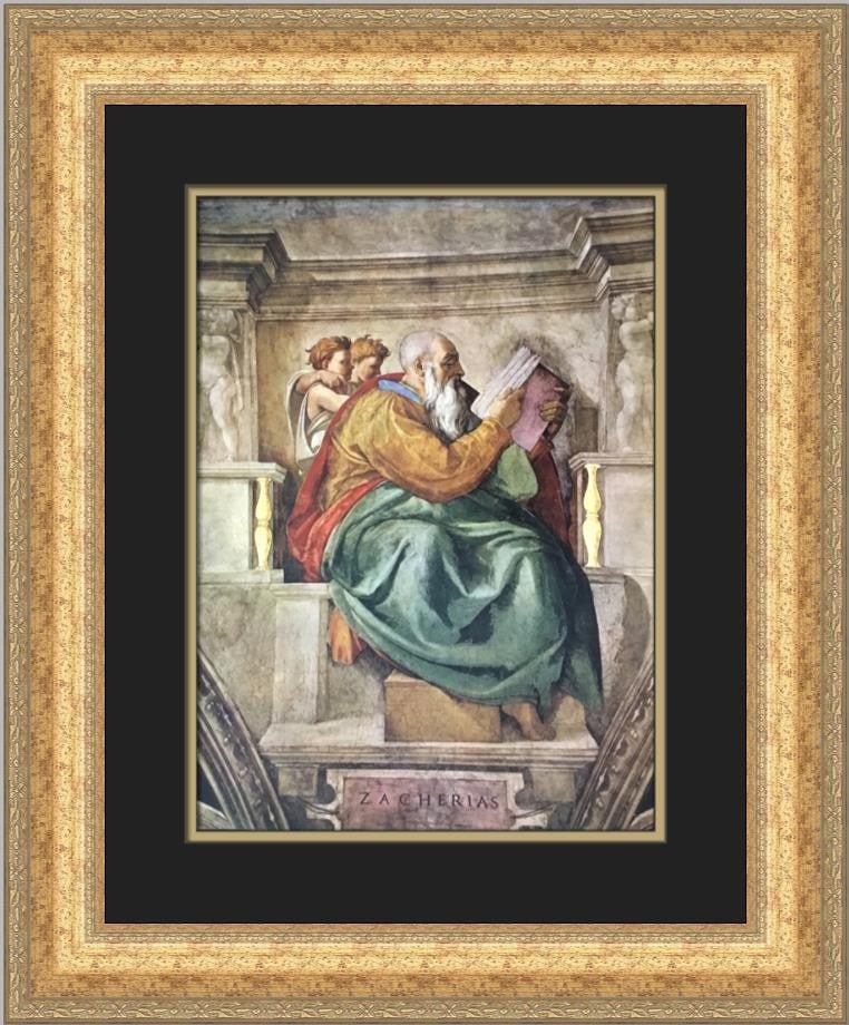 Michelangelo Prophet Zacharias open edition lithograph framed art: Michelangelo Prophet Zacharias open edition lithograph framed art This custom-framed offset lithograph print features Michelangelo's "The Prophet Zacharias." The artwork is an open edition book print 