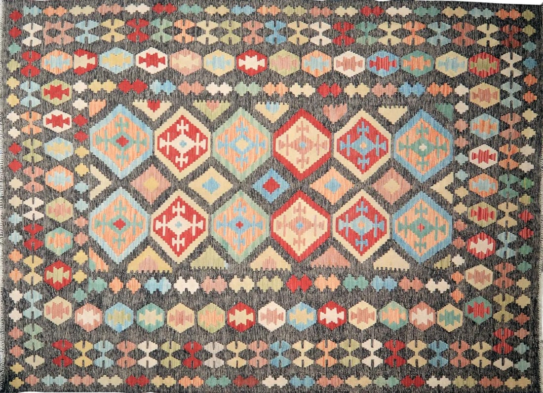 Vintage Maimana Kilim Rug Organic Afghan Wool Geometric 7'x9'7": Vintage Maimana Kilim Rug Organic Afghan Wool Geometric 7'x9'7" This vintage Afghan Maimana kilim is hand-woven using organic wool and features a geometric pattern in natural colors. The rug showcases