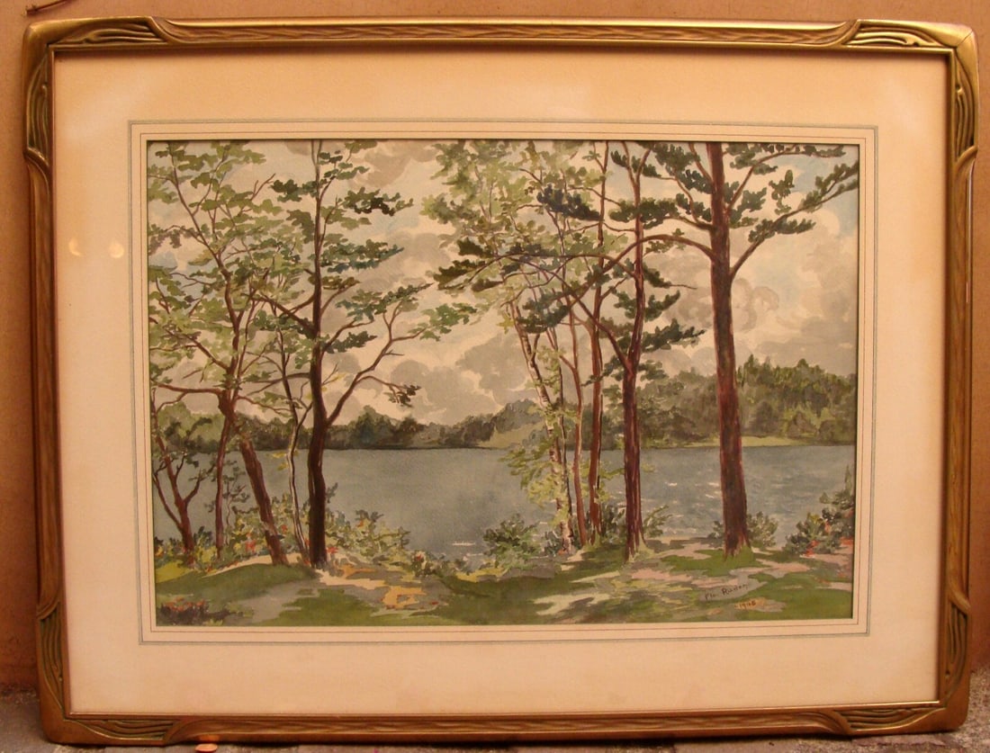 1945 Art Nouveau Landscape Watercolor by Florence Ruden: 1945 Art Nouveau Landscape Watercolor by Florence Ruden This exquisite watercolor painting by renowned Swedish artist Florence M. Ruden, created in 1945, showcases a captivating landscape that exempli
