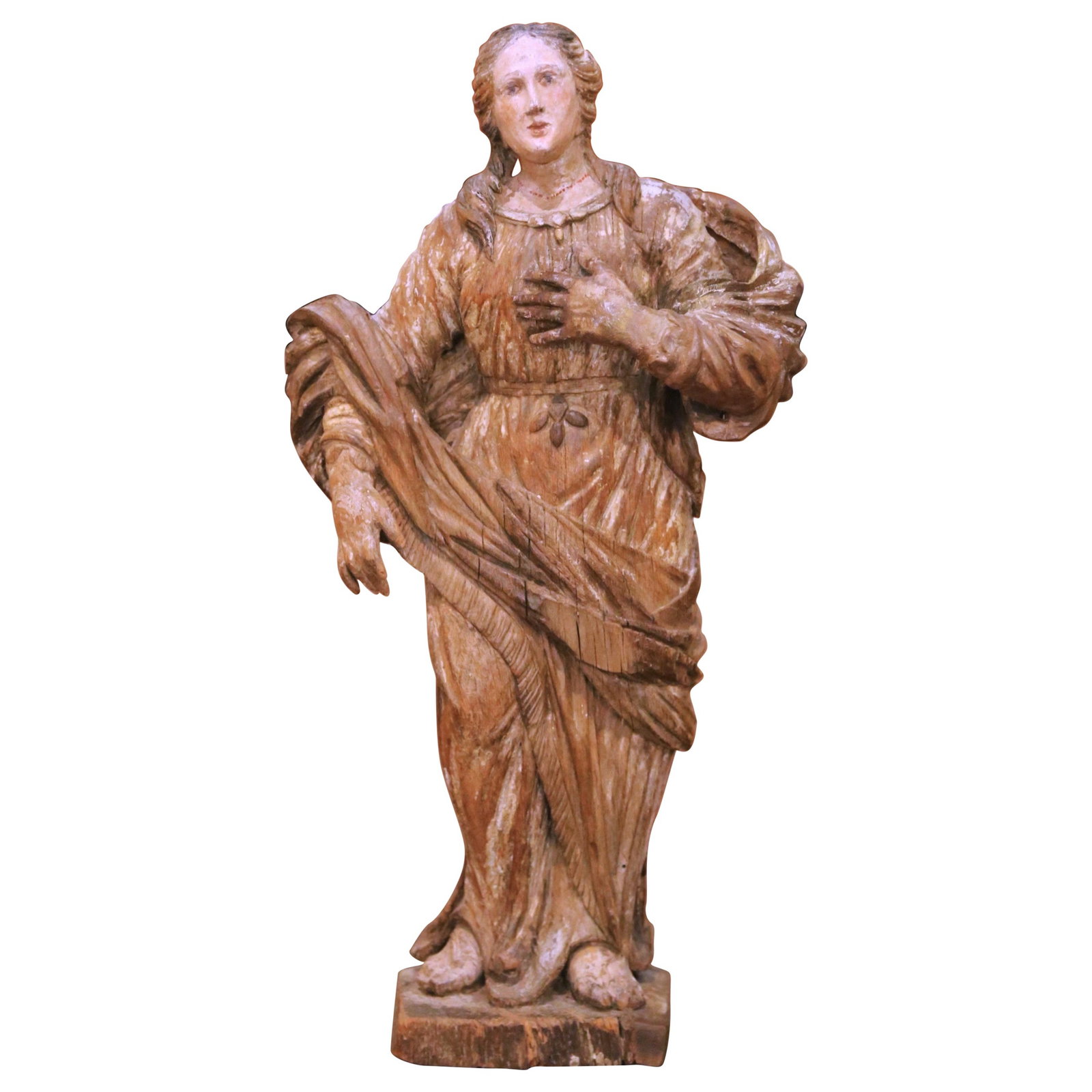 Baroque Oak Female Saint Sculpture France Circa 1680 Louis XIV Period: Baroque Oak Female Saint Sculpture France Circa 1680 Louis XIV Period This late 17th century French Louis XIV devotional sculpture depicts a standing female saint, hand-carved from solid oak in the Ba