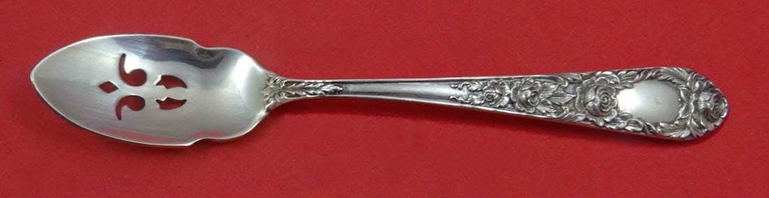 Kirk Rose Sterling Silver Pierced Olive Serving Spoon 5 3/4 Custom Made: Kirk Rose Sterling Silver Pierced Olive Serving Spoon 5 3/4 Custom Made This exquisite serving spoon features the elegant Rose pattern by Kirk, crafted from high-quality sterling silver. Measuring 5 3