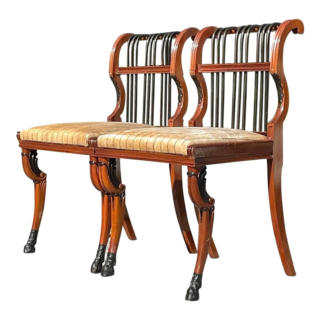 Elegant Vintage Regency Scroll Back Chairs Pair Brown Upholstered: Elegant Vintage Regency Scroll Back Chairs Pair Brown Upholstered Enhance your living space with this exquisite pair of vintage Regency scroll back chairs. Featuring a timeless design with elegant scr