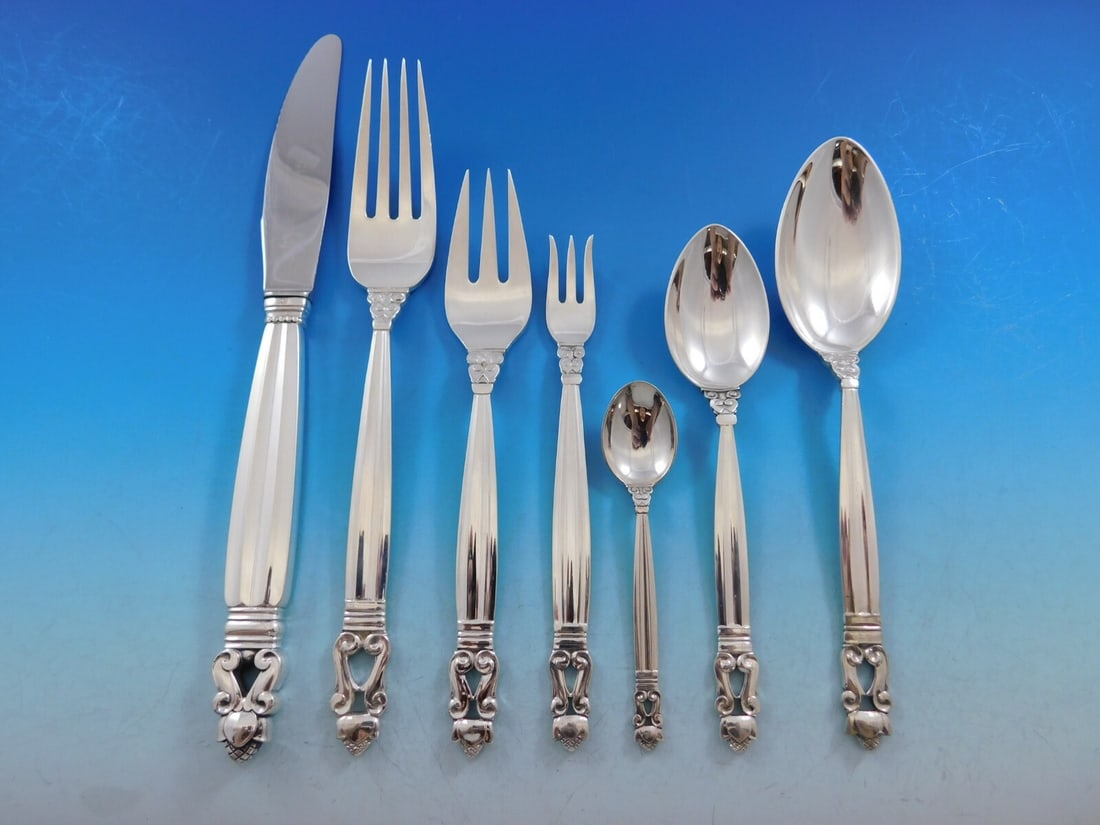 Georg Jensen Acorn sterling silver flatware service for 12 89 pieces: Georg Jensen Acorn sterling silver flatware service for 12 89 pieces This is a Georg Jensen Acorn pattern sterling silver flatware set, designed by Johan Rohde in 1915. The set includes 89 pieces, pro