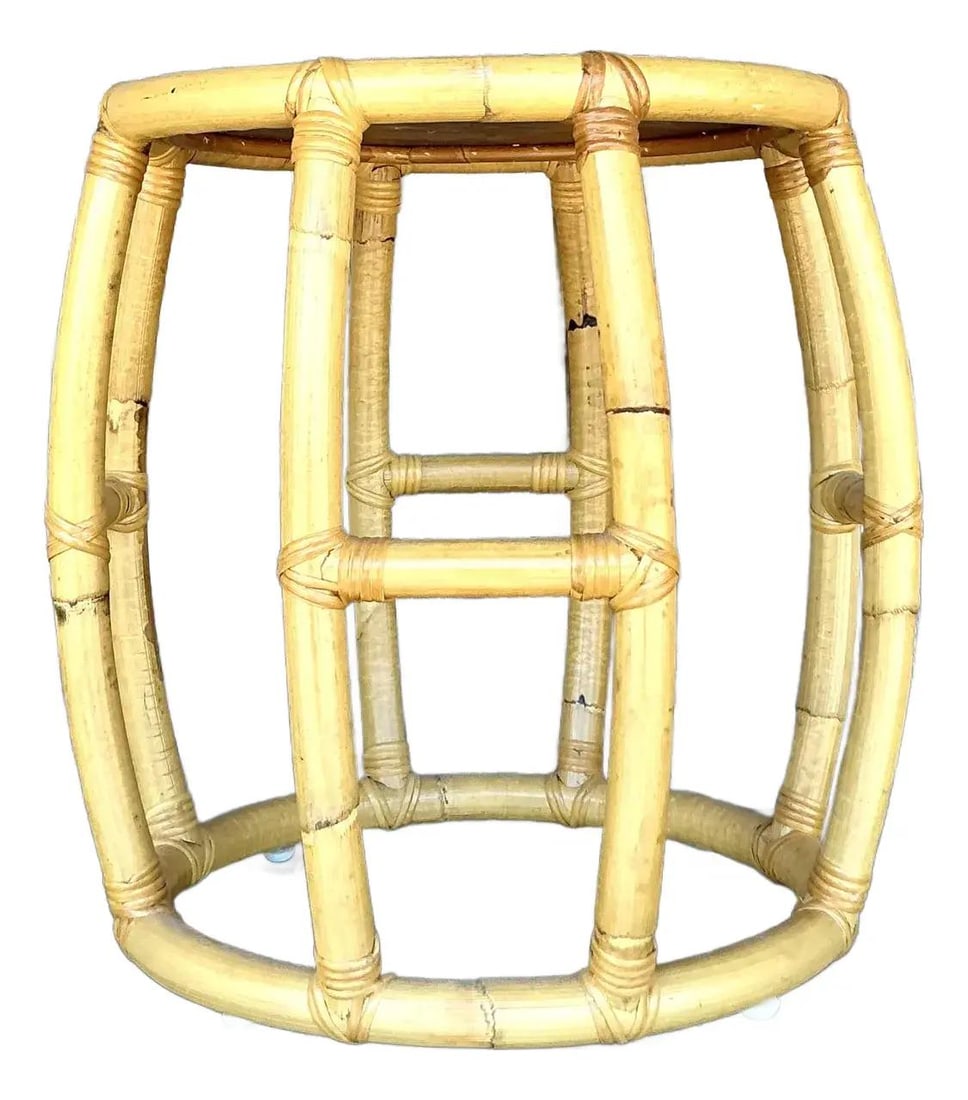 Vintage Coastal Bamboo Rattan Low Stool 18.75 Round 18.25 Height: Vintage Coastal Bamboo Rattan Low Stool 18.75 Round 18.25 Height Enhance your living space with the organic charm of this Vintage Coastal Rattan Low Stool. Designed with a sturdy bamboo frame and a be