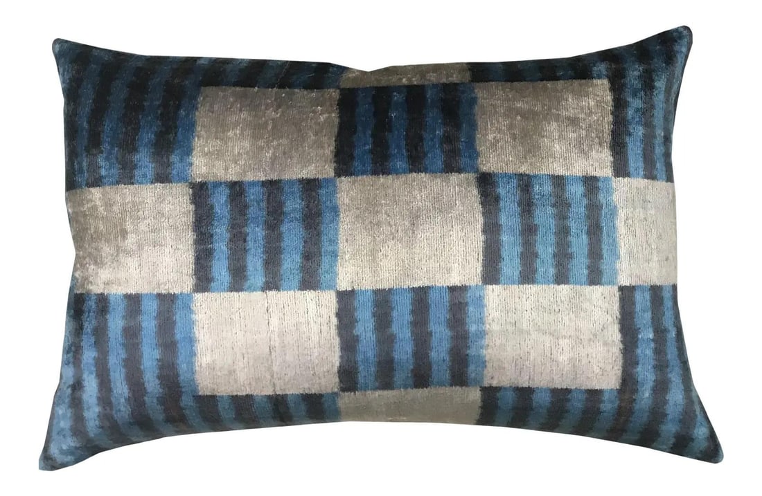 Blue Silk Ikat Velvet Decorative Pillow With Linen Back 16x24 (1 of 3)