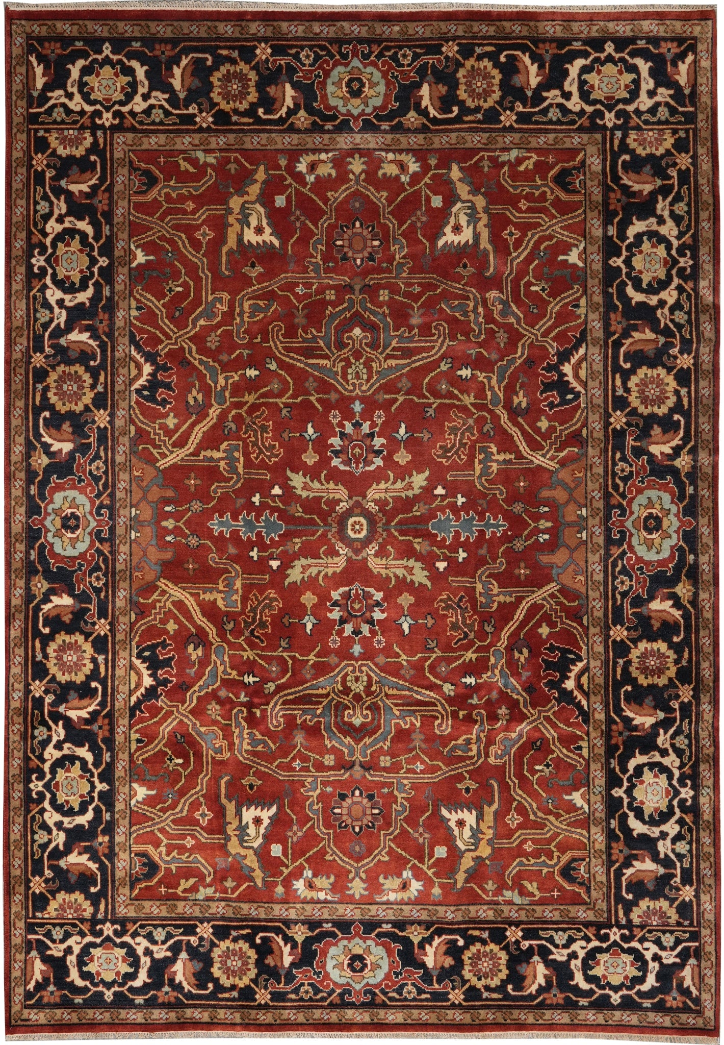 9 x 12 Handmade Hand-Knotted Wool Rug Rust Black: 9 x 12 Handmade Hand-Knotted Wool Rug Rust Black Free continental US Shipping This 9 x 12 handmade rug features a rich rust and deep black color palette with an intricate traditional pattern. It is ha
