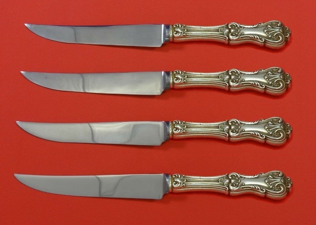 Frank Smith Federal Cotillion Sterling Silver Steak Knife Set 4pc: Frank Smith Federal Cotillion Sterling Silver Steak Knife Set 4pc Enhance your dining experience with this exquisite 4-piece steak knife set, featuring the elegant Federal Cotillion pattern by Frank S